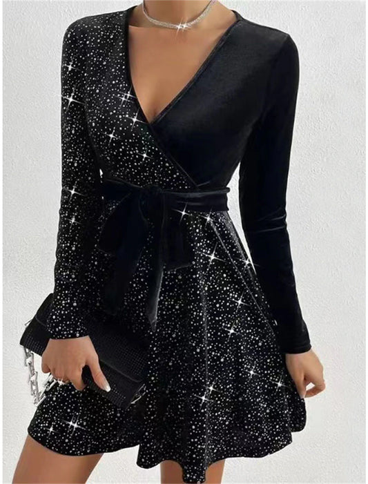 Women‘s Black Dress Velvet Dress Sequin Dress A-Line Mini Dress Black Red Royal Blue Long Sleeve Plain Christmas Fall Winter Autumn V Neck Fashion