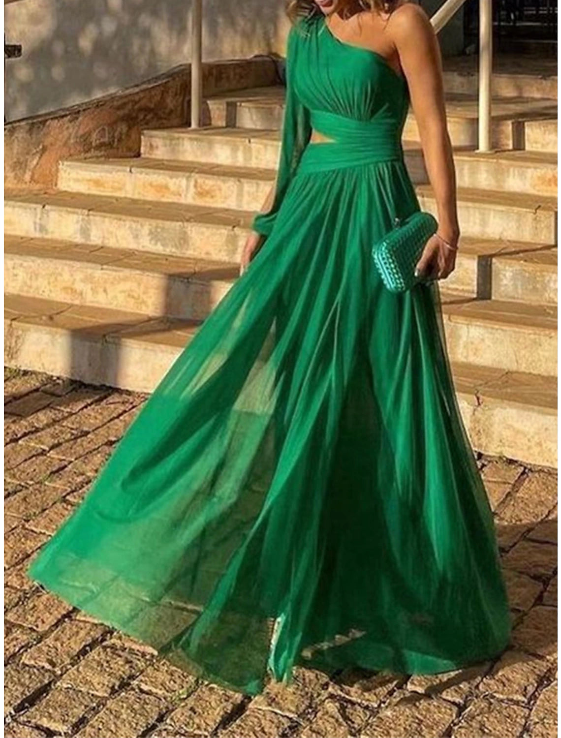 Weitese Women's Prom Dress Party Dress Cut Out Dress Long Dress Maxi Dress Green Long Sleeve Pure Color Backless Spring Fall Winter One Shoulder Fashion Birthday Evening Party Wedding Guest