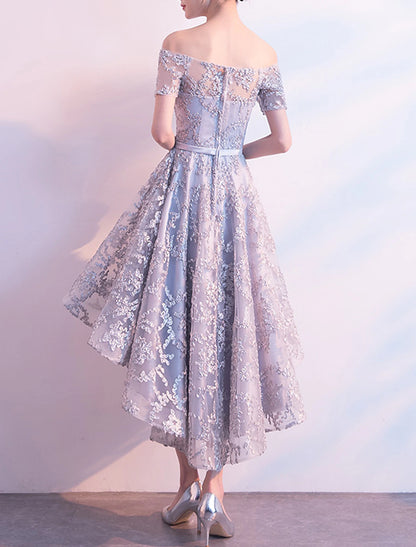 A-Line Cocktail Dresses Elegant Dress Wedding Guest Homecoming Asymmetrical Short Sleeve Off Shoulder Tulle with Bow(s) Pleats