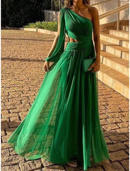 Weitese Women's Prom Dress Party Dress Cut Out Dress Long Dress Maxi Dress Green Long Sleeve Pure Color Backless Spring Fall Winter One Shoulder Fashion Birthday Evening Party Wedding Guest