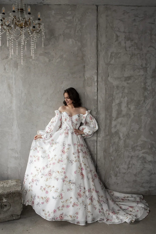 Floral Wedding Dress Princess' Dress Bride Dress Wedding Dress Long Train Off-the-shoulder Long Sleeves