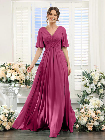 A-Line V-Neck Short Sleeve Bridesmaid Dress for Wedding Guest Long Chiffon Formal Party Dresses with Slit