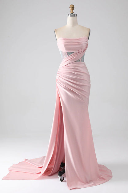 Strapless Beaded Pleated Long Evening Dress With High Slit