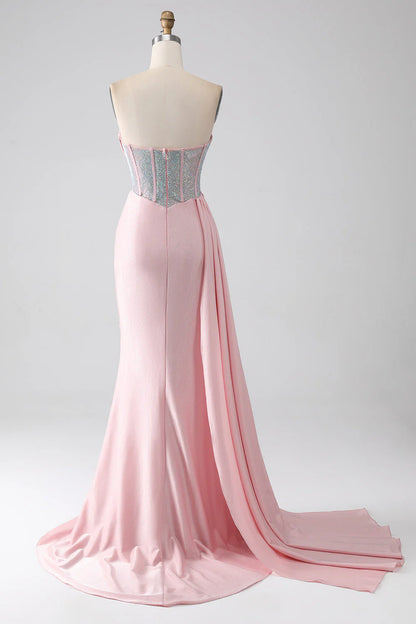 Strapless Beaded Pleated Long Evening Dress With High Slit