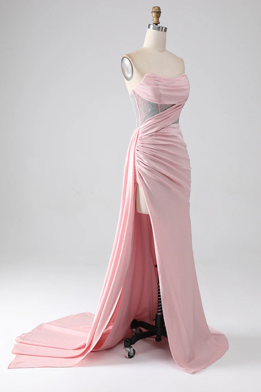 Strapless Beaded Pleated Long Evening Dress With High Slit