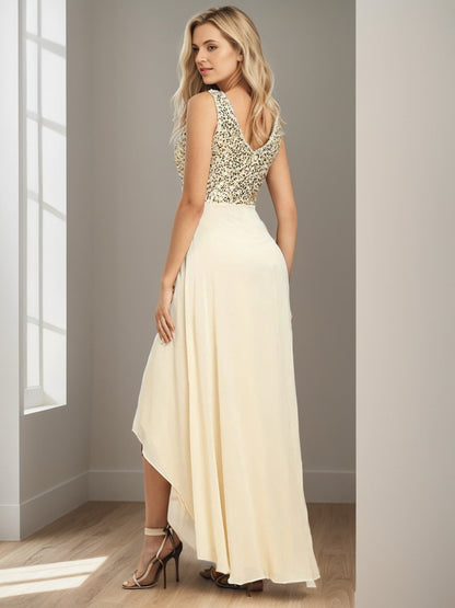 Weitese Sexy High-Low Maxi Chiffon Evening Dresses with Sequin