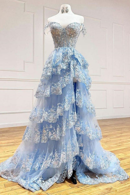 Weitese Gorgeous A-Line Light Blue Off The Shoulder Sparkly Tiered Long Prom Dress With Split