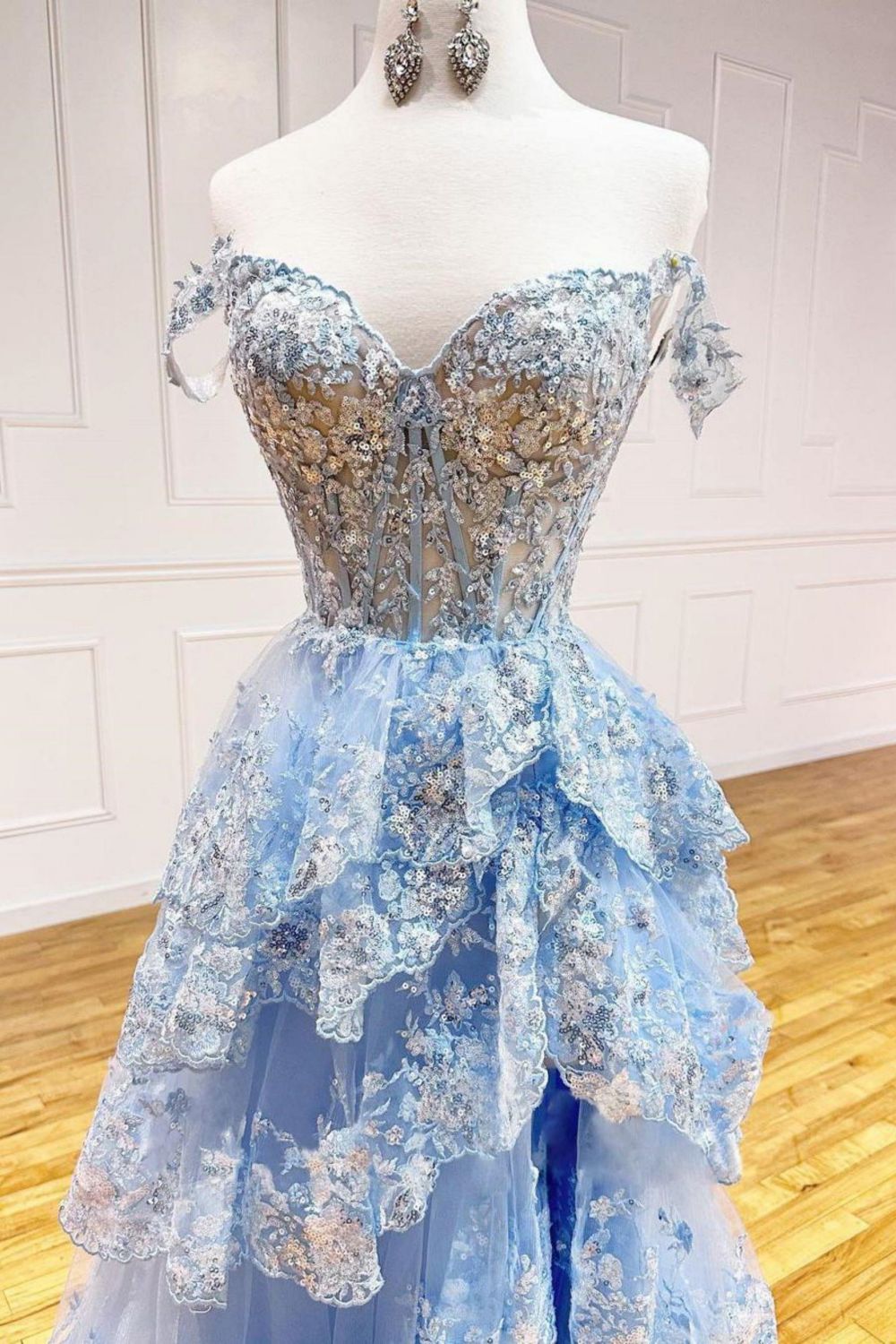 Weitese Gorgeous A-Line Light Blue Off The Shoulder Sparkly Tiered Long Prom Dress With Split