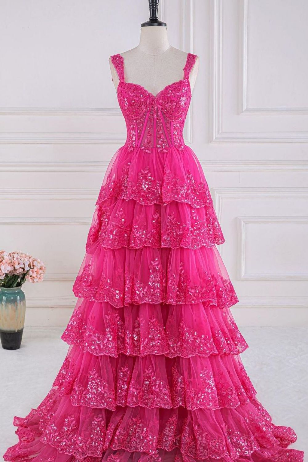 Weitese Gorgeous Fuchsia A-Line Off The Shoulder Long Tiered Prom Dress With Appliques