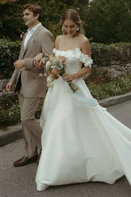 Gorgeous A Line Off the Shoulder Wedding Dress with Flowers