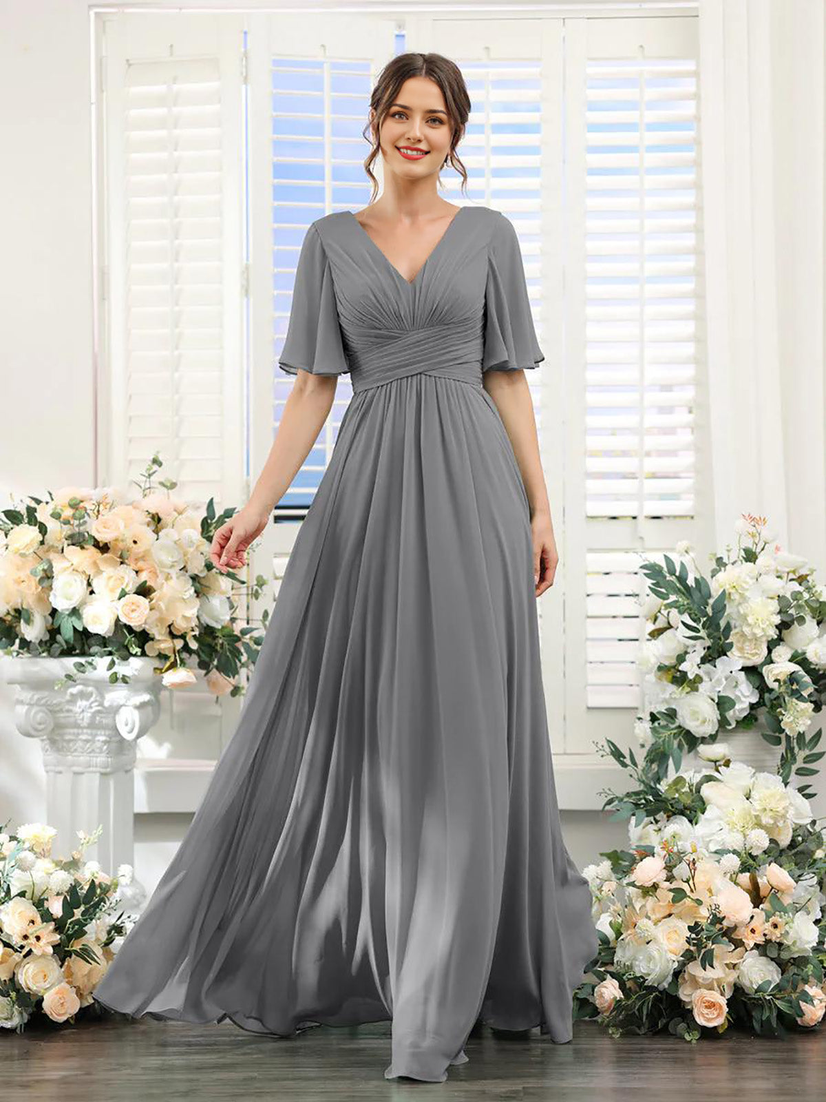 A-Line V-Neck Short Sleeve Bridesmaid Dress for Wedding Guest Long Chiffon Formal Party Dresses with Slit