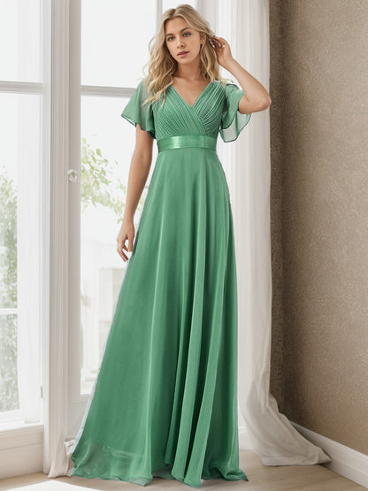 Weitese Long Chiffon Empire Waist Bridesmaid Dress with Short Flutter Sleeves