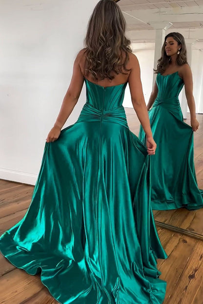 Weitese Green Strapless A-Line Long Satin Prom Party Dress With Split