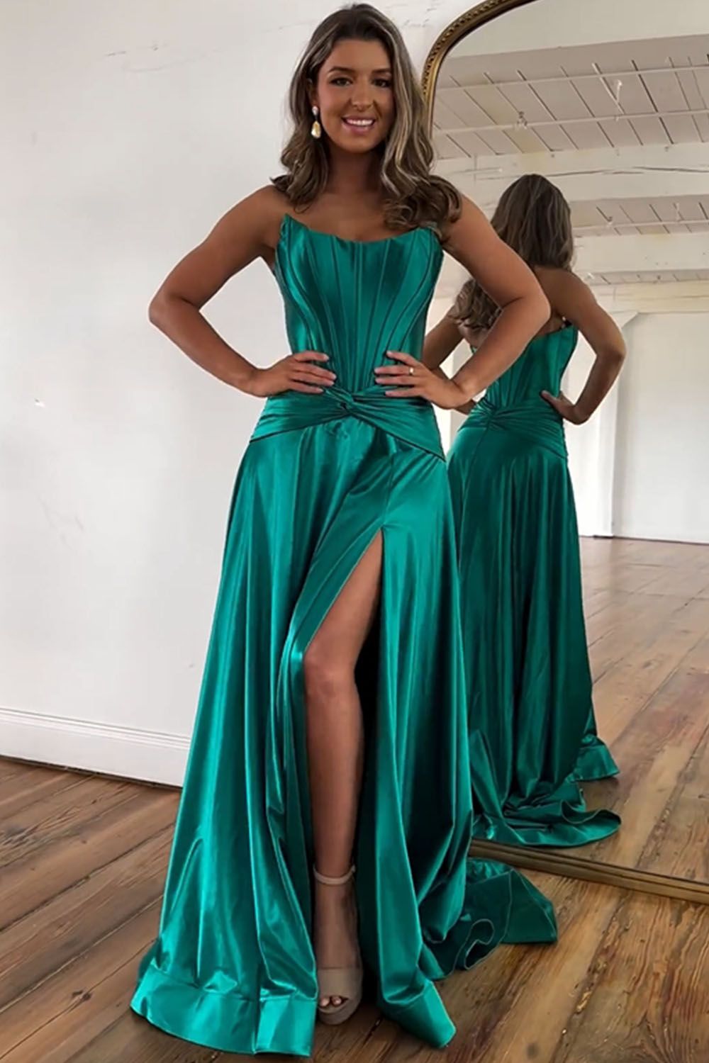 Weitese Green Strapless A-Line Long Satin Prom Party Dress With Split