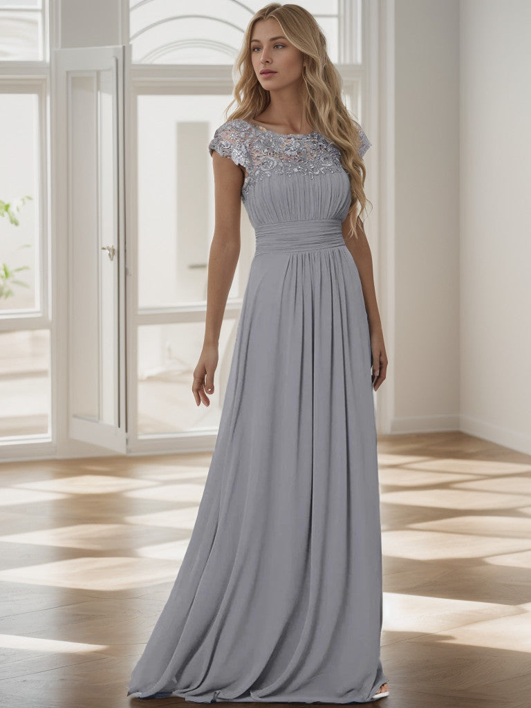 Weitese Classic Maxi Long Lace Cap Sleeve Bridesmaid Dress