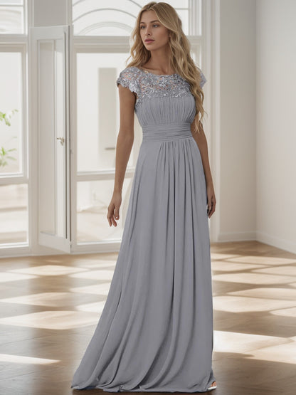 Weitese Classic Maxi Long Lace Cap Sleeve Bridesmaid Dress