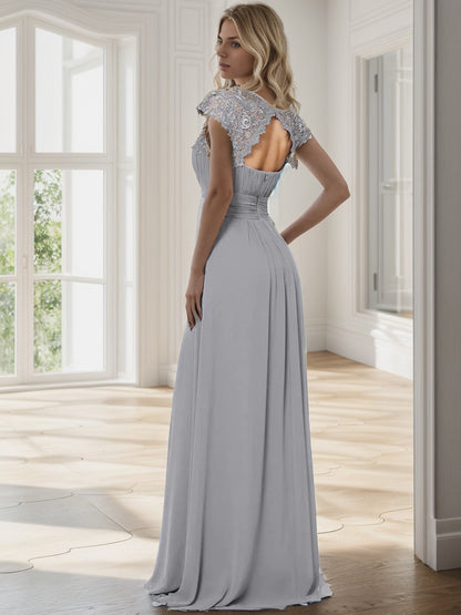 Weitese Classic Maxi Long Lace Cap Sleeve Bridesmaid Dress