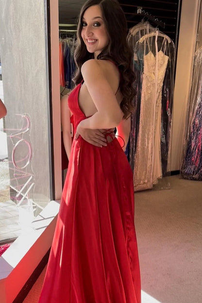 Halter Backless A Line Satin Prom Dress