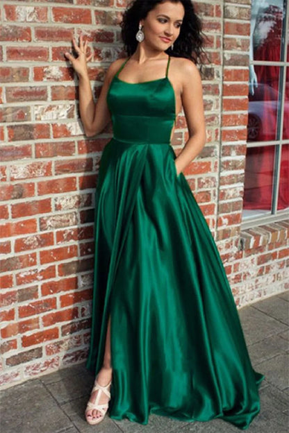 Halter Backless A Line Satin Prom Dress