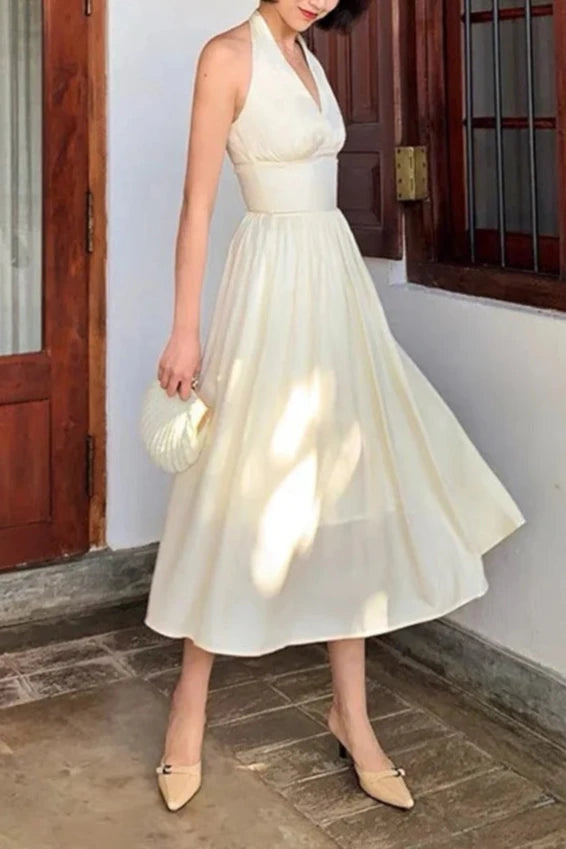 Halter V Neck Homecoming Dress Ivory Dress Midi Dress Bridesmaid Dresses Backless Tea-Length Party Dress