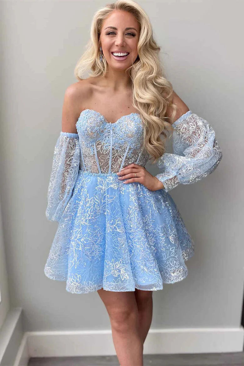 A-Line Sweetheart Puff Sleeve Short Party Homecoming Dress