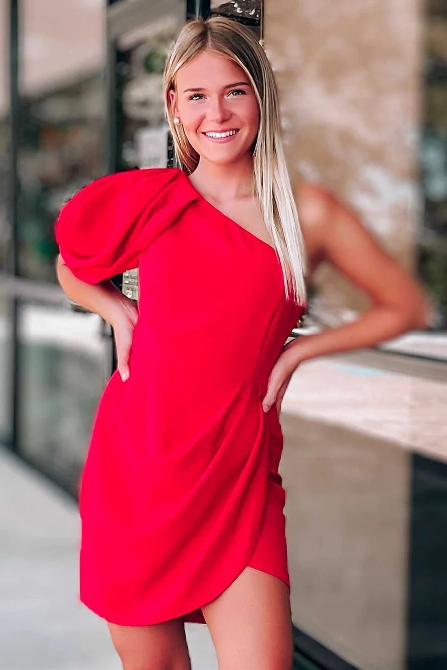 One-Sleeve Pleated Cocktail Homecoming Dress