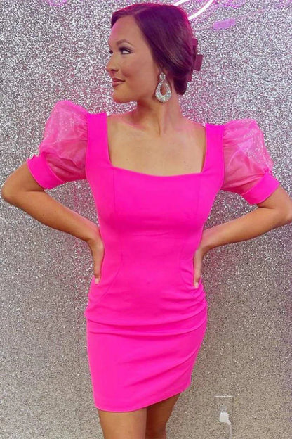 Square Neck Bodycon Party Homecoming Dress with Sheer Sleeves