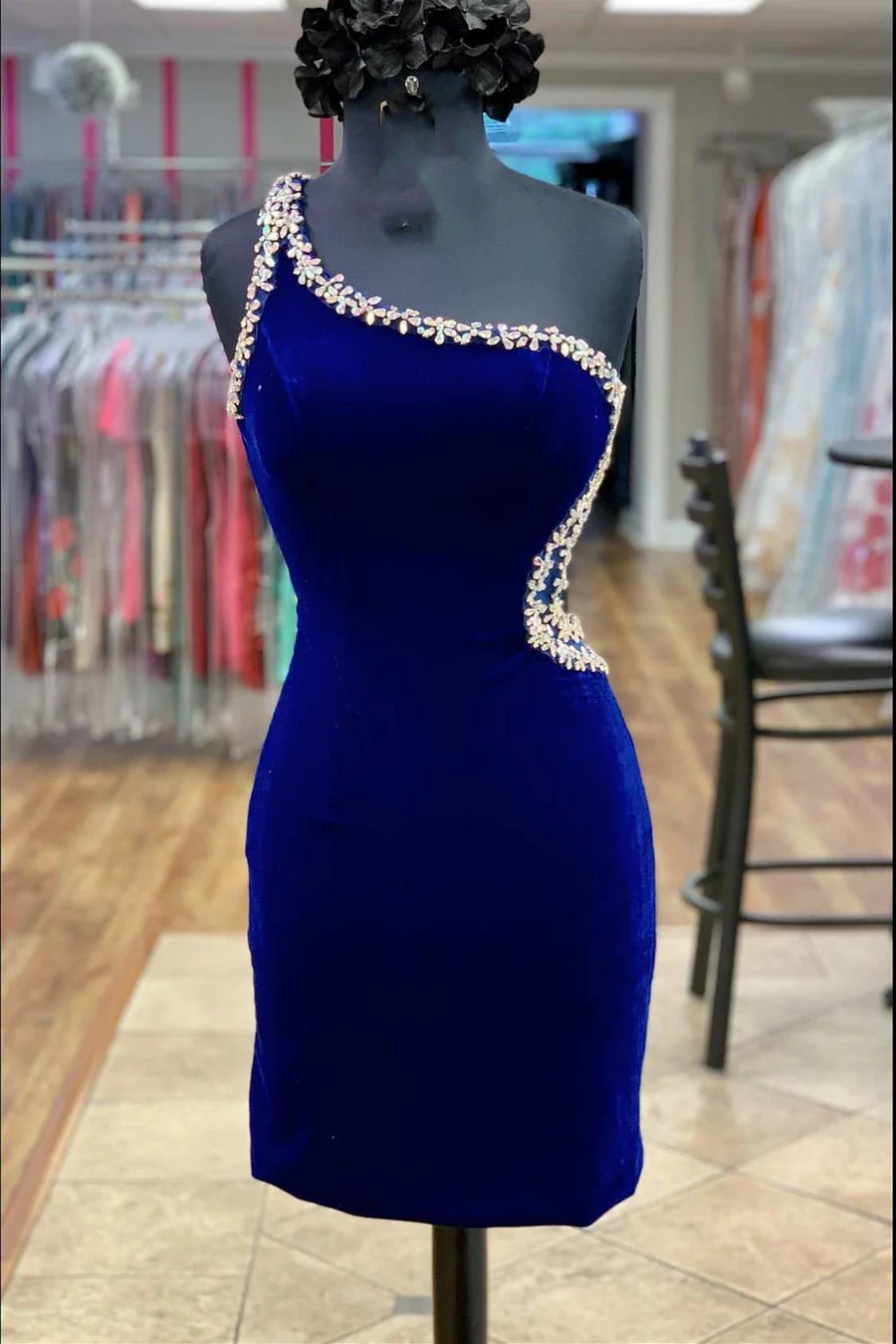 Velvet One-Shoulder Beaded Short Homecoming Dress