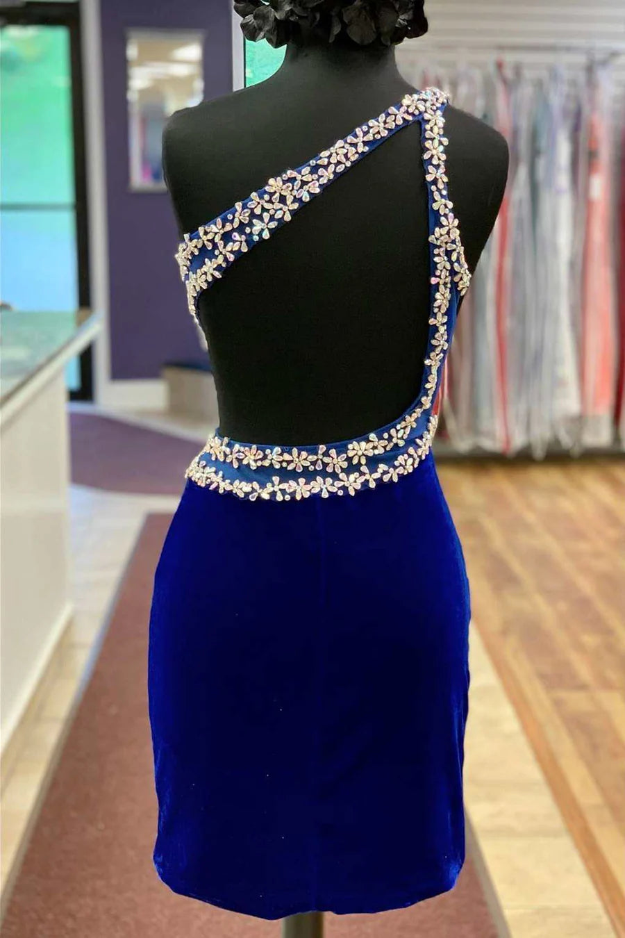 Velvet One-Shoulder Beaded Short Homecoming Dress