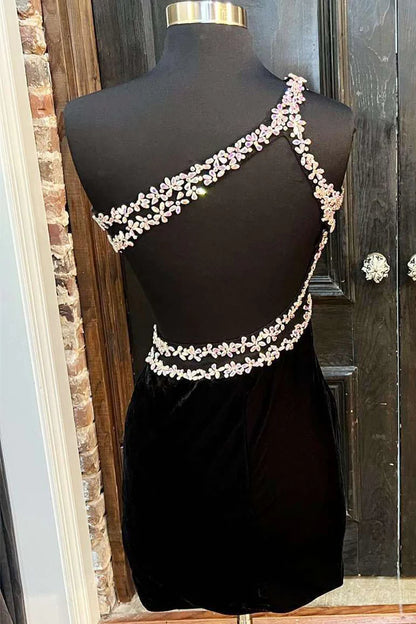 Velvet One-Shoulder Beaded Short Homecoming Dress