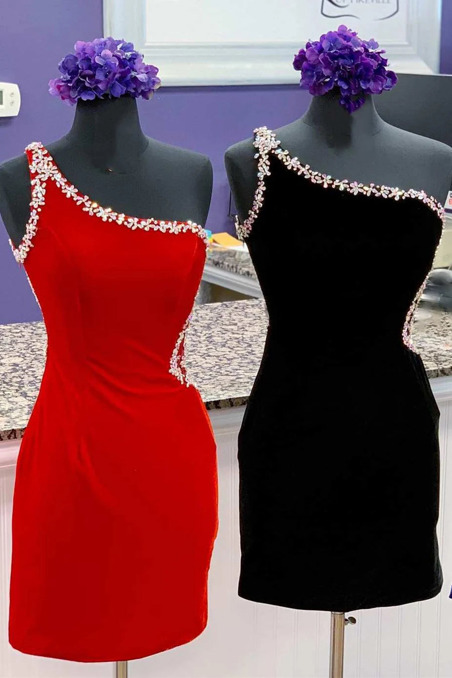 Velvet One-Shoulder Beaded Short Homecoming Dress