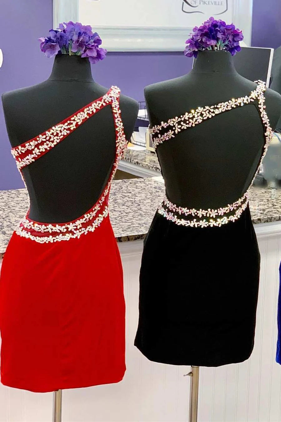 Velvet One-Shoulder Beaded Short Homecoming Dress