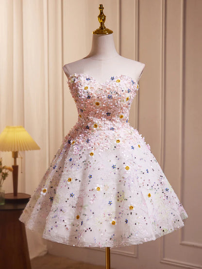 A-line Sweetheart Neck Tulle Flower Light Homecoming Dress