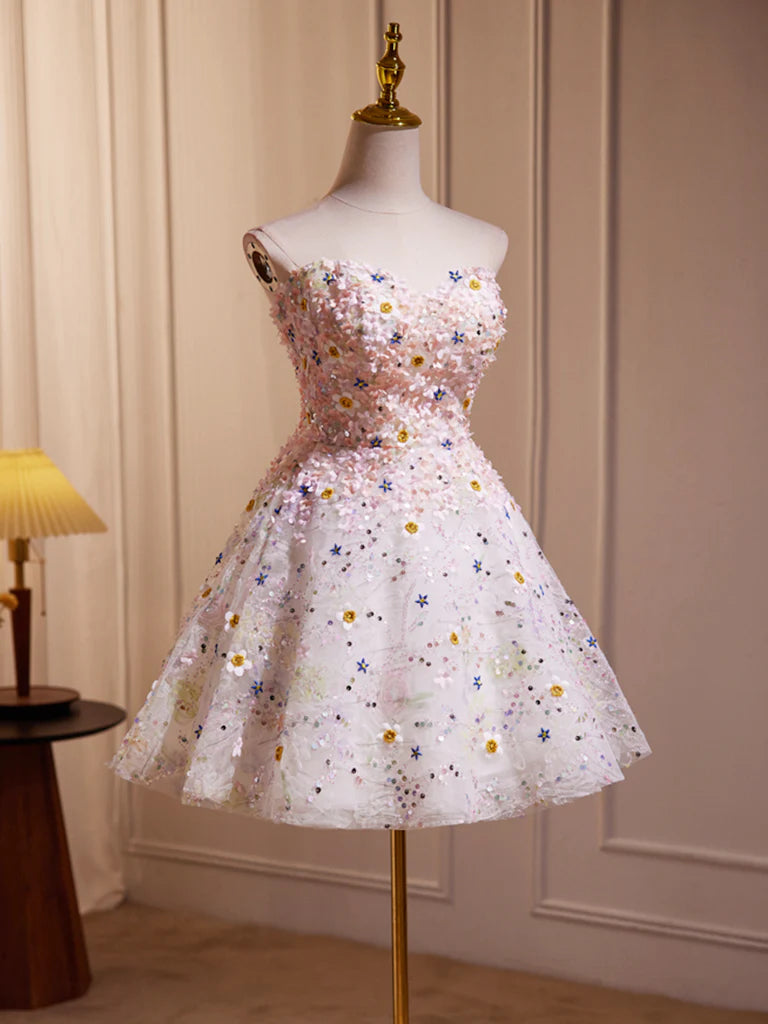 A-line Sweetheart Neck Tulle Flower Light Homecoming Dress