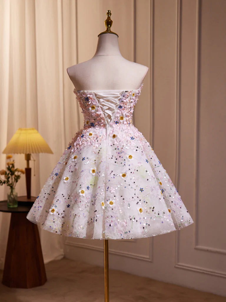 A-line Sweetheart Neck Tulle Flower Light Homecoming Dress