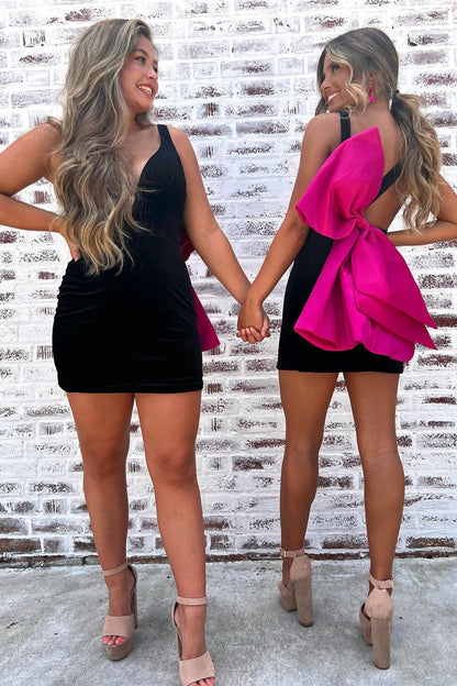 Deep V Bow Back Bodycon Mini Party Homecoming Dress