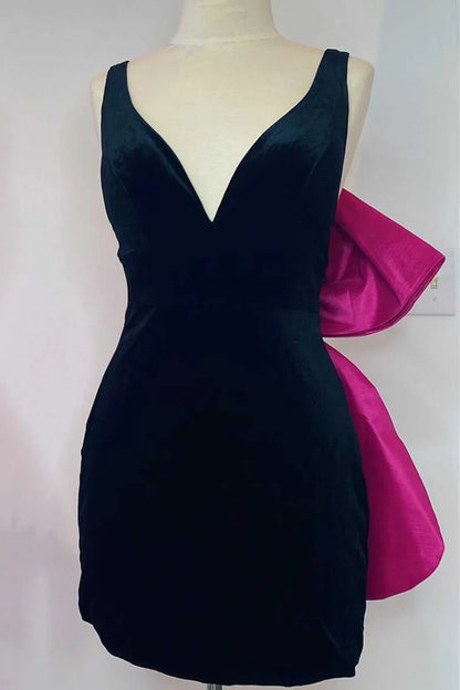 Deep V Bow Back Bodycon Mini Party Homecoming Dress