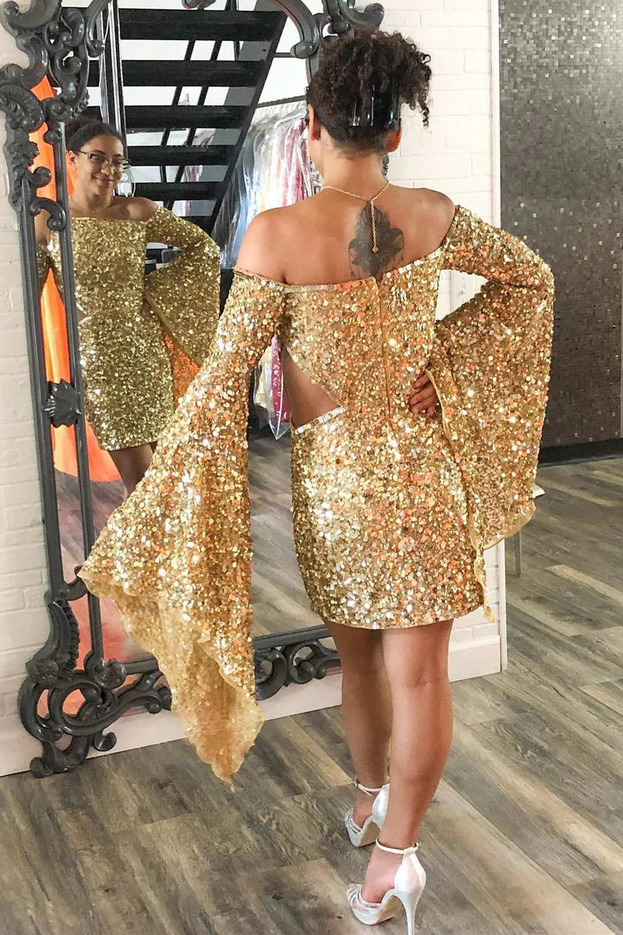 Sequin Long Sleeve Short Party Homecoming Dress