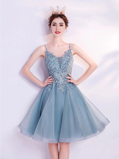 V Neck Tulle Lace Puffy Homecoming Dress