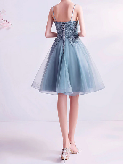 V Neck Tulle Lace Puffy Homecoming Dress