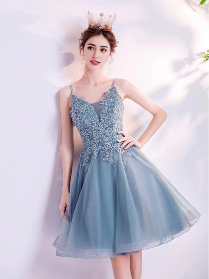 V Neck Tulle Lace Puffy Homecoming Dress