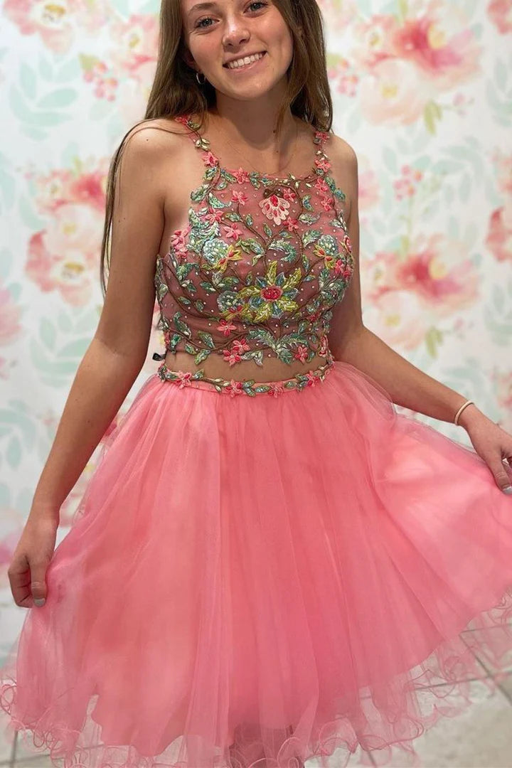 Two Piece Floral Embroidery Short Homecoming Dress