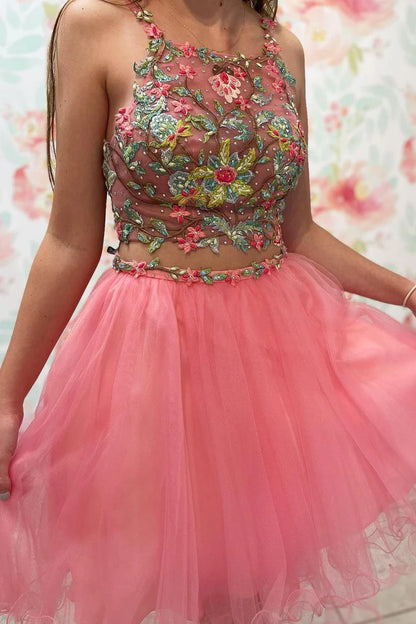 Two Piece Floral Embroidery Short Homecoming Dress