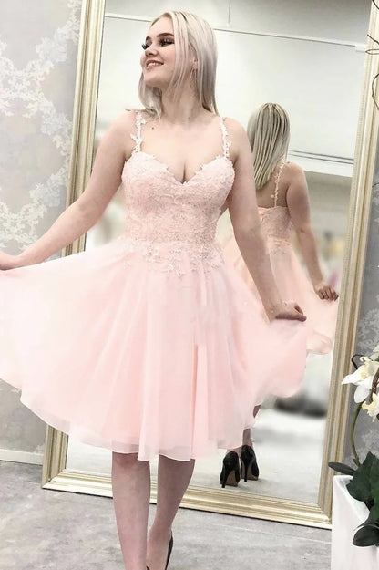 Spaghetti Straps Lace Applique Short Homecoming Dress