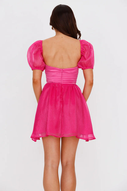 Hot Pink A-line Corset Backless Short Puff Sleeves Homecoming Dress