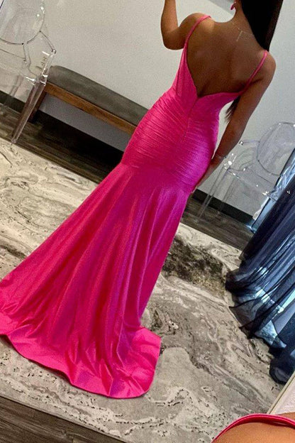 Weitese Hot Pink Mermaid Spaghetti Straps Long Satin Prom Dress With Split