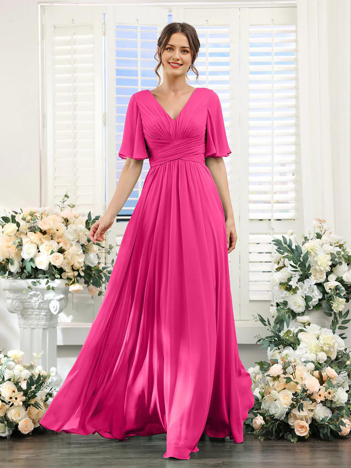 A-Line V-Neck Short Sleeve Bridesmaid Dress for Wedding Guest Long Chiffon Formal Party Dresses with Slit