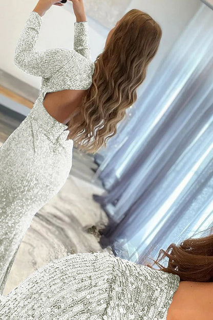 Mermaid Sequins V-Neck Long Sleeves Prom Dress