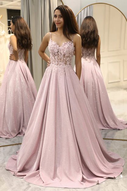 A Line Beaded Spaghetti Straps Prom Dress