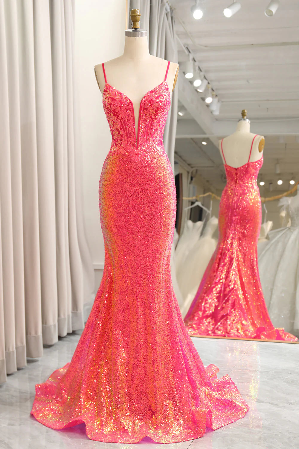 Sequins Mermaid Spaghetti Straps Fuchsia Prom Dress